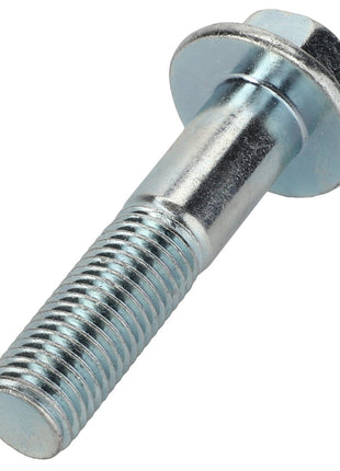 A close-up image of the AGCO Hexagon Flange Bolt - 3009242X1, highlighting its shiny metal surface, hexagonal head, and washer while showcasing its threaded shaft.