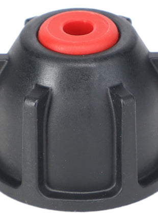 A close-up of a black plastic knob with a red center, featuring vertical ridges for grip around its circumference, similar to the design of an AGCO NOZZLE CAP - AG334226.