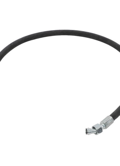 The AGCO | Hydraulic Hose - Acw3354400 is a black, high-performance hydraulic hose featuring abrasion-resistant metal connectors at both ends, which appear to be different from each other.