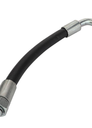 The AGCO | HYDRAULIC HOSE - ACY1567500 is a flexible hydraulic hose featuring metal fittings on both ends: one straight and the other angled.