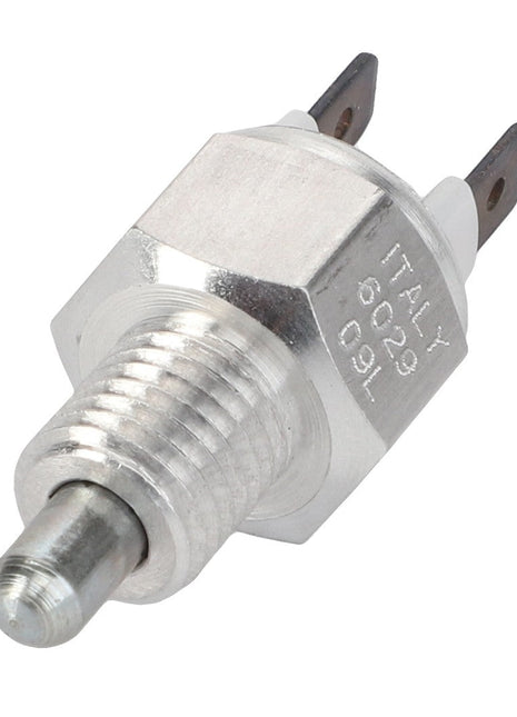 Close-up of the AGCO SWITCH - D45050099, an automotive sensor made of metal and plastic, featuring a threaded body and two electrical connectors at the top. Markings on the side indicate it is made in Italy. Currently, no further product description information is available.