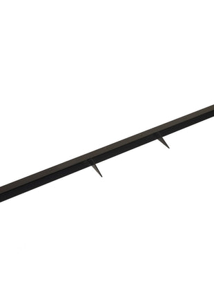 AGCO | STAY - D28480502: Long, rectangular, black metal bar featuring two triangular brackets attached underneath; no current information available about its specific use.