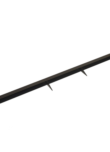 AGCO | STAY - D28480502: Long, rectangular, black metal bar featuring two triangular brackets attached underneath; no current information available about its specific use.