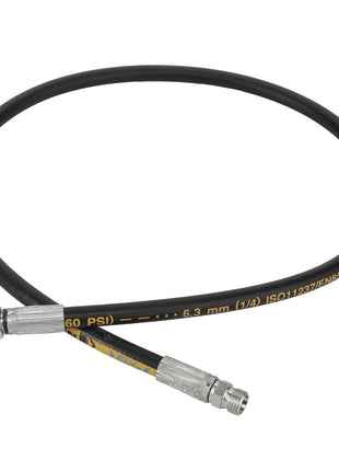 A sleek black hydraulic hose by AGCO, model D45130029, featuring flexible construction, metallic connectors at both ends, and specifications labeled "6.3 mm (1/4)" and "ISO11237/EN857 2SC".