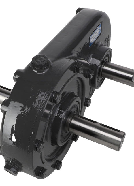 The AGCO | Gearbox - Acw8771300 by AGCO is a durable black industrial gearbox featuring two robust metal shafts extending from either side and multiple bolts firmly securing the casing.