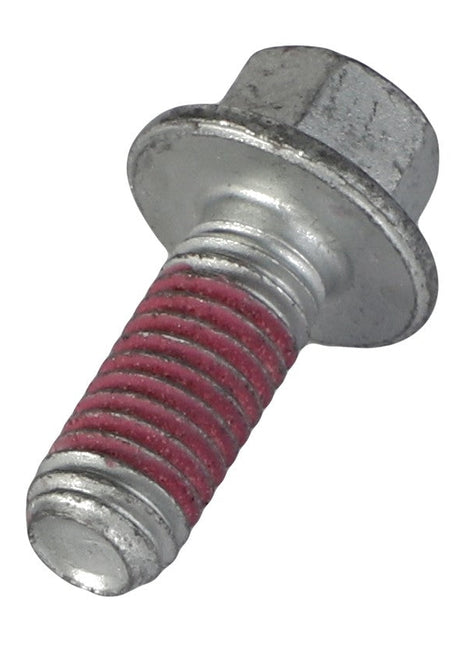 Introducing the AGCO Hexagonal Head Bolt - F716201710430: a silver metal bolt featuring a hex head and a partially threaded shaft, coated with red thread-locking material. No current product description information is available.