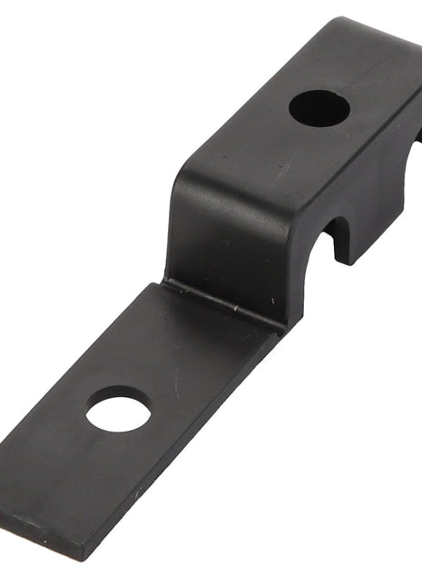 The AGCO Clamp - Acw3852700 is a black metallic bracket featuring two holes—one at the flat end and another on the elevated section—designed for mounting or supporting components.