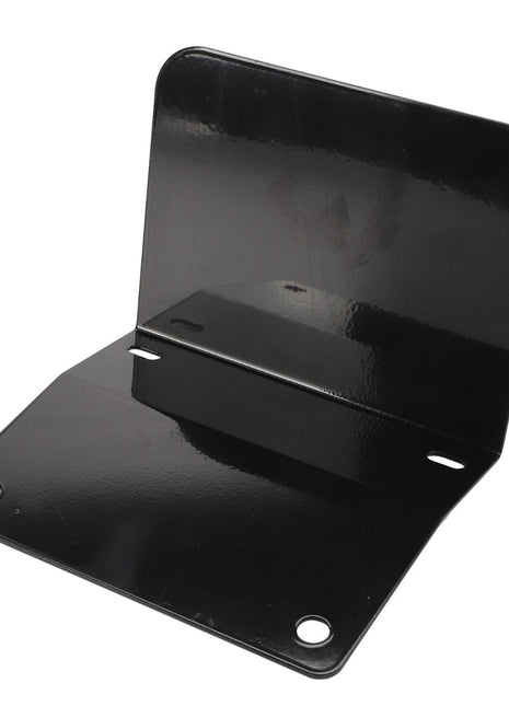 The AGCO DEFLECTOR - D46150443 is a sleek L-shaped black metal bracket with a glossy finish, featuring two precisely drilled mounting holes on each flat surface.