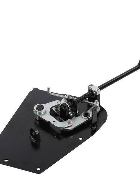 No current product description available for the image of an AGCO | Lever - Acp0250310, a black automotive gear shifter assembly with a mounting plate and a curved metal lever, from the brand AGCO.