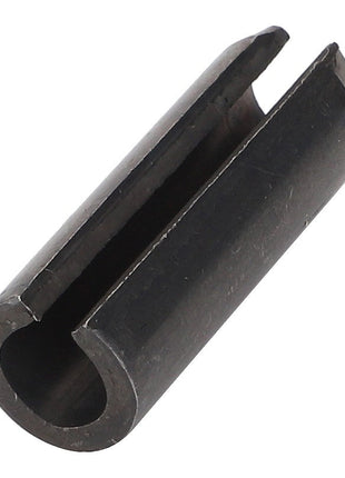 A close-up view of the AGCO Slotted Spring Pin - 3000046X1, a black cylindrical spring pin with an open slot running along its length, showcases precise engineering—no current product description available for this AGCO product defines such intricate details.