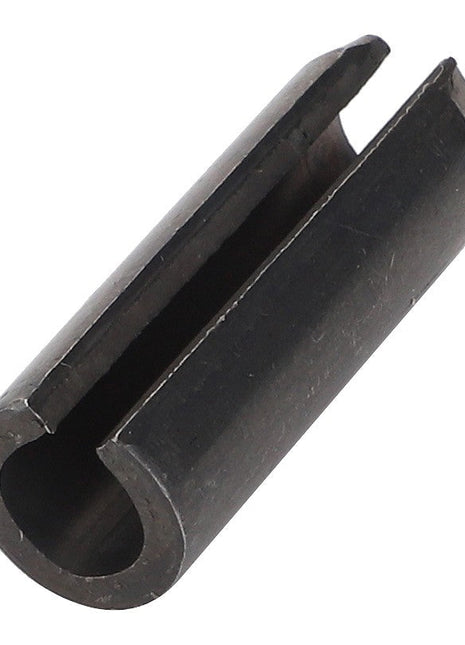 A close-up view of the AGCO Slotted Spring Pin - 3000046X1, a black cylindrical spring pin with an open slot running along its length, showcases precise engineering—no current product description available for this AGCO product defines such intricate details.