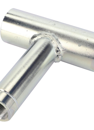 AGCO | BOLT - D28282746 is a T-shaped metal pipe fitting featuring threaded openings on each end and a secure weld at the joint, brought to you by AGCO.