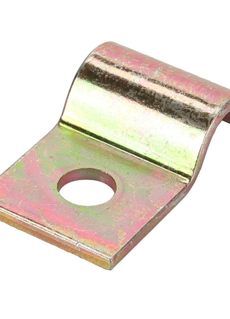 Product Description: The AGCO CLAMP - D26733382 is a small metal bracket designed with a curved top and a flat base, featuring a circular hole for mounting.