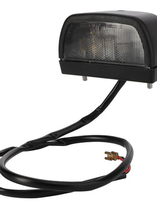 The AGCO Light, License Plate - Acw0412680 is a black rectangular light fixture with a clear lens and an attached black cable terminating in a connector, perfect for use as license plate lights on your tractor.