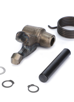 Metal component assembly including a hollow cylindrical piece, a coiled spring, two C-clips, a washer, and an AGCO | Lever, Automatic Clevis, Trailer Hitch - F816500070170.