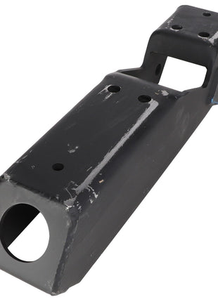 Close-up of the AGCO SHANK - EPA66621, a black metal rectangular bracket featuring multiple pre-drilled holes and a large circular opening on one end. No current product description information is available.