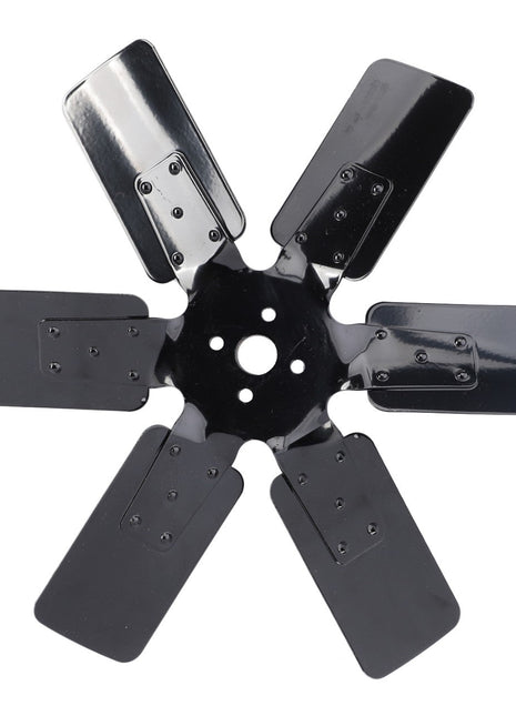 The AGCO | Fan Blade, 6 Blades - V836119431 is a black six-blade metal fan component with a central hub featuring five mounting holes arranged in a circular pattern. Ideal for engine temperature management, this part is designed to fit tractor radiators and meets the high standards of AGCO Genuine Fan Blades.