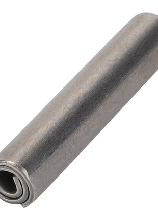 The AGCO | Pin - Acp0333350, a cylindrical metal spiral tension pin from the AGCO brand, is viewed at an angle, highlighting its coiled design and smooth surface. No current product description available.