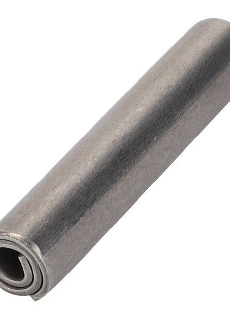 The AGCO | Pin - Acp0333350, a cylindrical metal spiral tension pin from the AGCO brand, is viewed at an angle, highlighting its coiled design and smooth surface. No current product description available.