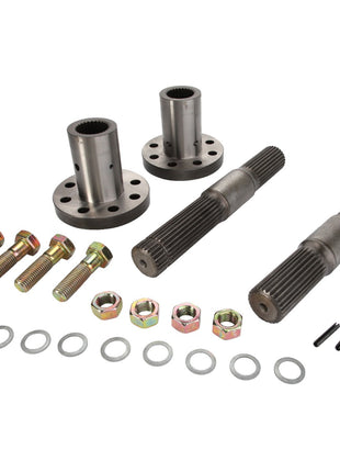 A set of metal mechanical parts, labeled as AGCO | FOOT BRAKE - D86882023 and branded by AGCO, includes two splined shafts, two flanges, bolts, washers, and nuts arranged on a plain white background. No current product description information is available for this item.