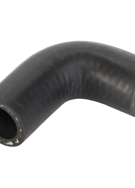 The AGCO Hose Arch - Acp0359650 is a sleek, black, elbow-shaped rubber hose with a smooth surface and openings at both ends.