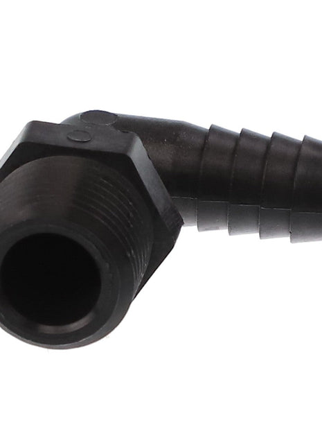 The AGCO | ELBOW FITTING - AG716343 by AGCO is a durable black plastic elbow hose connector with a 90-degree angle, featuring a threaded male end and a barbed hose end.