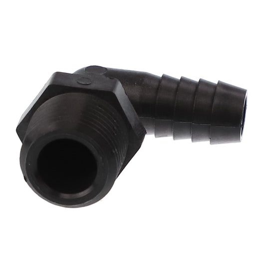 The AGCO | ELBOW FITTING - AG716343 by AGCO is a durable black plastic elbow hose connector with a 90-degree angle, featuring a threaded male end and a barbed hose end.