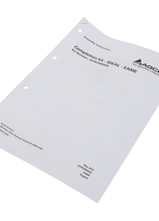 A white document titled "AGCO | Instructions - Acw209644A" from AGCO with assembly instructions in English and no current product description information available. The document features four holes punched along the left side for easy filing.