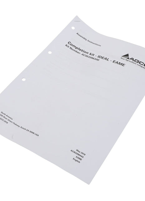 A white document titled "AGCO | Instructions - Acw209644A" from AGCO with assembly instructions in English and no current product description information available. The document features four holes punched along the left side for easy filing.