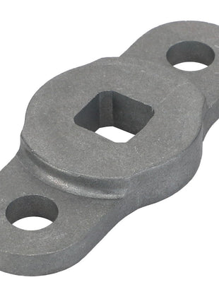 The AGCO Latch Cam - Acw1093300 is a gray metal part featuring a central square hole and two circular holes on either end.