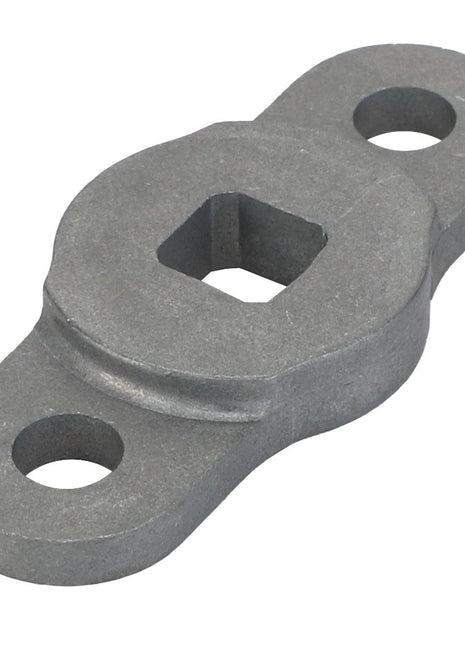 The AGCO Latch Cam - Acw1093300 is a gray metal part featuring a central square hole and two circular holes on either end.