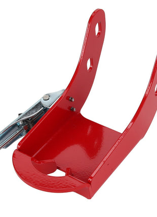 The AGCO Bracket Assy. - Acw1239780 is a red metal bracket featuring a metallic latch mechanism and multiple mounting holes. Currently, no additional product description information is available.