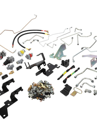 AGCO automotive components and hardware laid out, including brackets, hoses, fittings, and metal tubing (Accessory Code: Acw004666B).