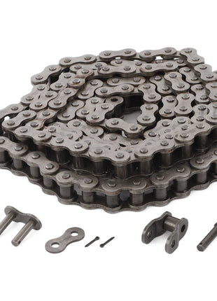 A coiled Genuine AGCO Chain, specifically the Front Elevator Feeder Chain (D42329600), with accompanying links and pins, typically used in machinery or bicycles, is displayed to ensure optimal performance.