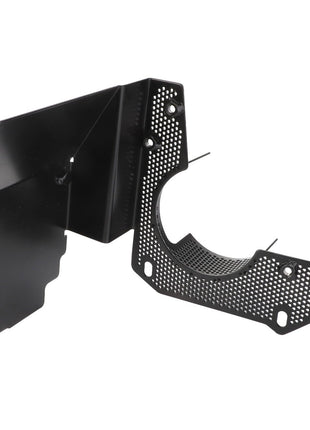 The AGCO | Shield - Acw113502B is a black, perforated metal bracket featuring two main components with multiple holes and cutouts for mounting purposes. There is no current product description information available from the brand AGCO.