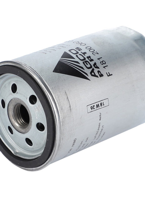 A cylindrical metallic oil filter with multiple holes on one end, featuring branding and model details printed on its surface, the AGCO Engine Oil Filter Spin On - F181200060030 offers good filtration for optimal engine performance.