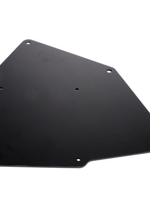 The AGCO | RECEIVER MOUNTING BRACKET - AG325309 is a black, irregularly shaped flat metal plate featuring four precisely placed holes near the corners.