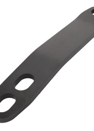 The AGCO | LINKAGE - AL1209758 is a flat, black metal bar featuring two oval openings on one end and a single oval opening on the other, offering versatile functionality.