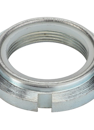 Introducing the AGCO | LOCKNUT - D46150162 by AGCO, featuring a galvanized metal construction with internal threading and a toothed exterior. No current product description information is available.