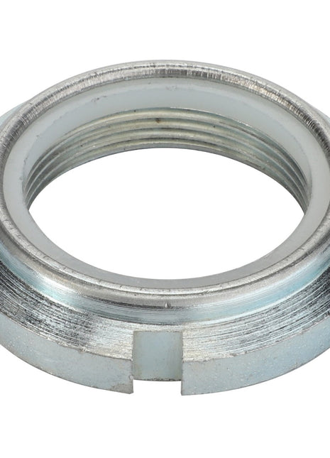 Introducing the AGCO | LOCKNUT - D46150162 by AGCO, featuring a galvanized metal construction with internal threading and a toothed exterior. No current product description information is available.