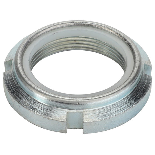 Introducing the AGCO | LOCKNUT - D46150162 by AGCO, featuring a galvanized metal construction with internal threading and a toothed exterior. No current product description information is available.