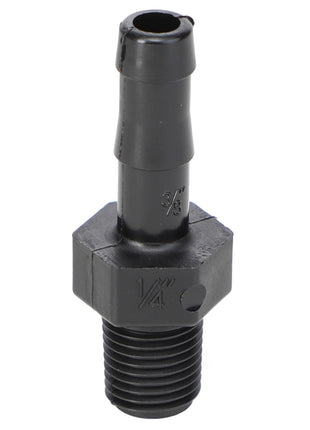The AGCO Hose Barb - Ag051178 is a black threaded plastic pipe fitting featuring a narrow, tapered end marked "3/8”" and a hexagonal base marked "1/4”". No current product description available.