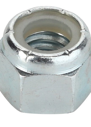 A detailed close-up image of the AGCO LOCKNUT - D41080550, featuring its intricate hexagonal design and nylon insert. No current product description information available.