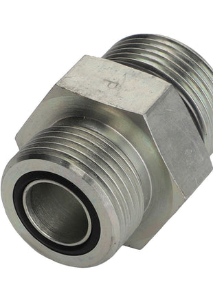 The AGCO adapter fitting, model AG519154, is a metal hydraulic adapter with threaded male ends and a hexagonal middle section. Product description information currently unavailable.