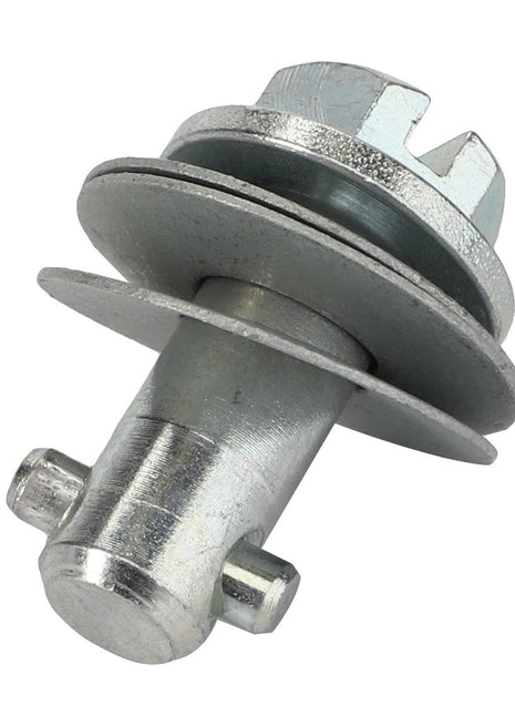 Close-up of the AGCO Push Rod - La320797250 metal spool pin in a horizontal position with visible threads and an attached washer. No product description available.