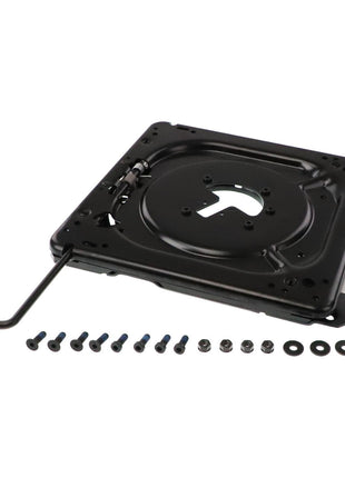 The AGCO TURN-TILT PLATE - F842810330260, a black, adjustable swivel seat plate with an attached lever and a row of screws, washers, and nuts aligned below it offers no information available about additional compatible parts.