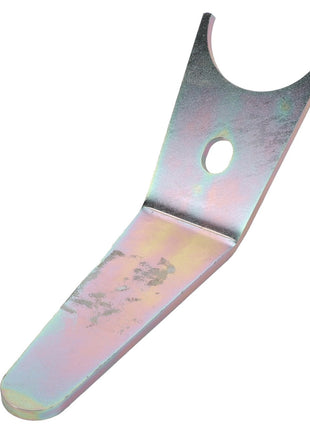 The AGCO | Lever - Fel152360 is a metallic tool featuring a forked upper part and a single hole in the center, likely intended for mounting or securing purposes. The tool has a slightly curved structure. There is no current product description available for this AGCO item.