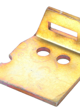 A metallic bracket with a rectangular hole at the top and two circular holes in the center, featuring a slanted section and a slight angle, currently has no product description information available. This product is named AGCO | HINGE - D28580334 by the brand AGCO.