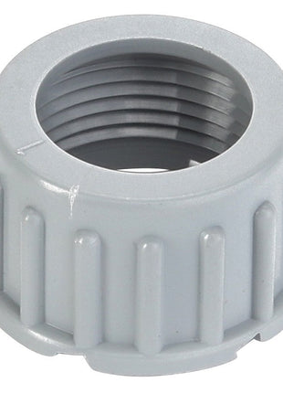 A close-up view of the AGCO | CAP - D45010108, a gray plastic threaded cap with ridges for grip, designed without a detailed product description and likely used as a protective or sealing component in various applications.