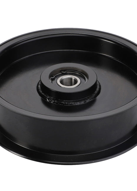 Introducing the AGCO TENSIONER PULLEY - ACY1560320, a black metal pulley featuring a central bearing and smooth edges, expertly crafted by AGCO for seamless mechanical motion transfer.